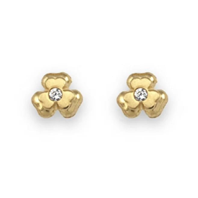 Par de pendientes de bebé de oro amarillo de 18k con trébol en acabado mate y brillo y circonita
