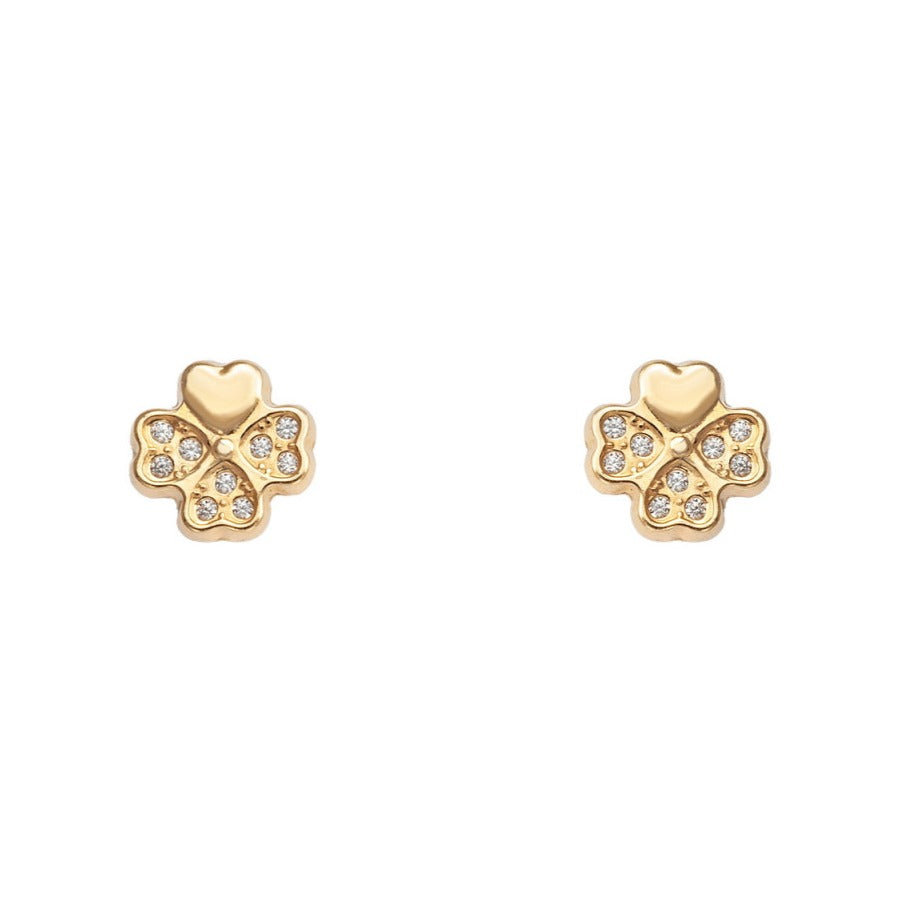 Pendientes bebé oro amarillo 18k trébol circonita 6mm