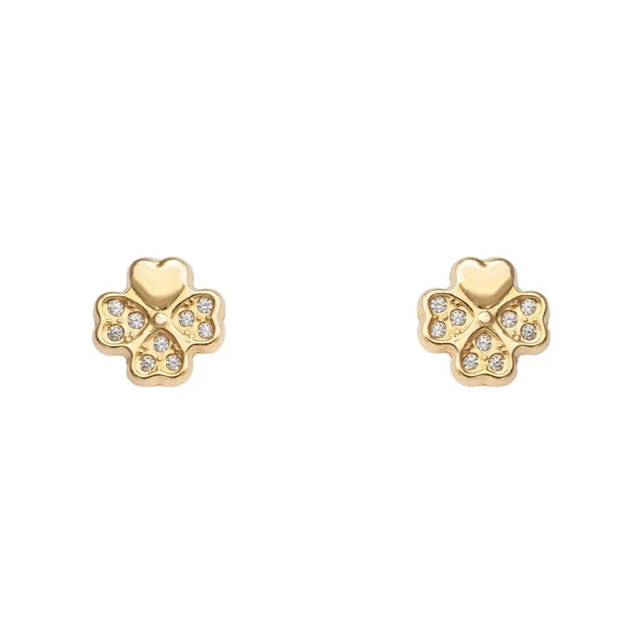 Par de pendientes de bebé de oro amarillo de 18k con forma de trébol y circonita, 6 mm