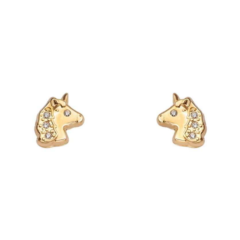 Pendientes bebé oro amarillo 18k unicornio circonitas 5x7mm