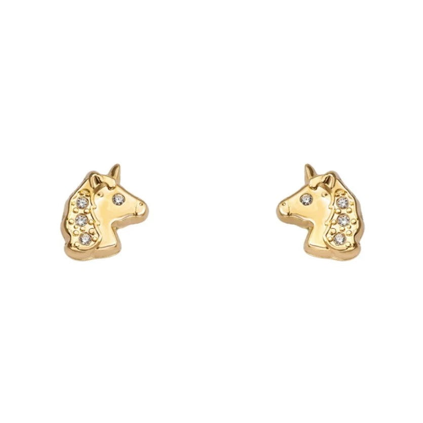 Par de pendientes de bebé de oro amarillo de 18k con forma de unicornio y circonitas, 5x7 mm