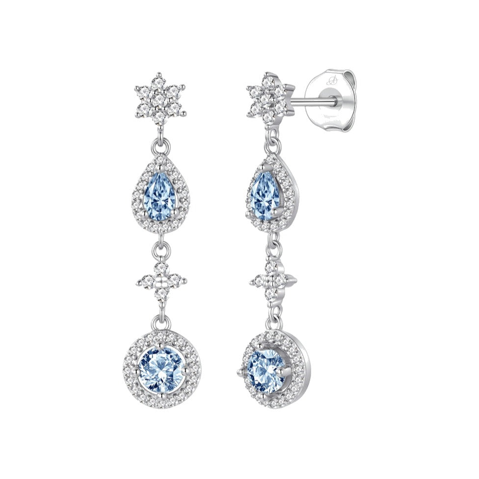 Pendientes multiforma plata de ley con circonitas blancas y aguamarina, ancho 8 mm, alto 34 mm