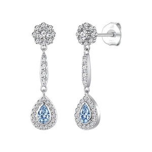Pendientes barroco plata de ley con circonitas blancas y aguamarina, ancho 7 mm, alto 29 mm