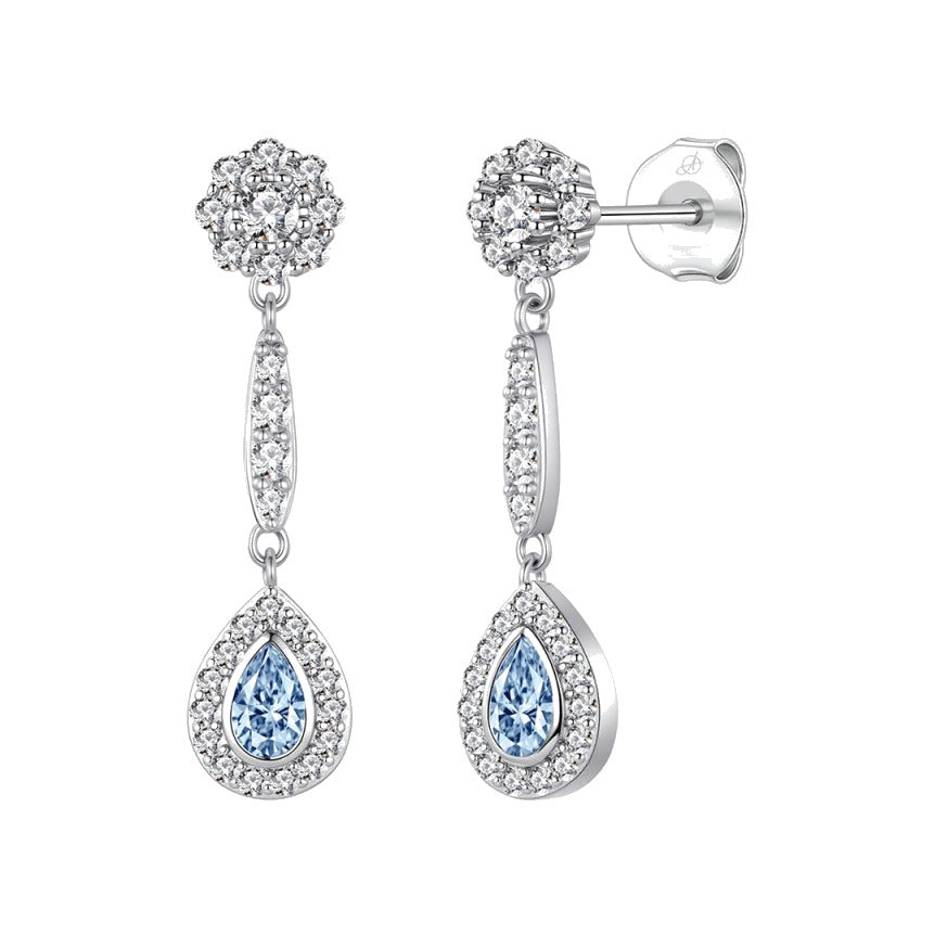 Pendientes barroco plata de ley con circonitas blancas y aguamarina, ancho 7 mm, alto 29 mm