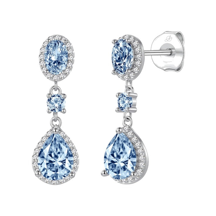 Pendientes mediterráneo plata de ley con circonitas blancas y aguamarina, ancho 8 mm, alto 26 mm