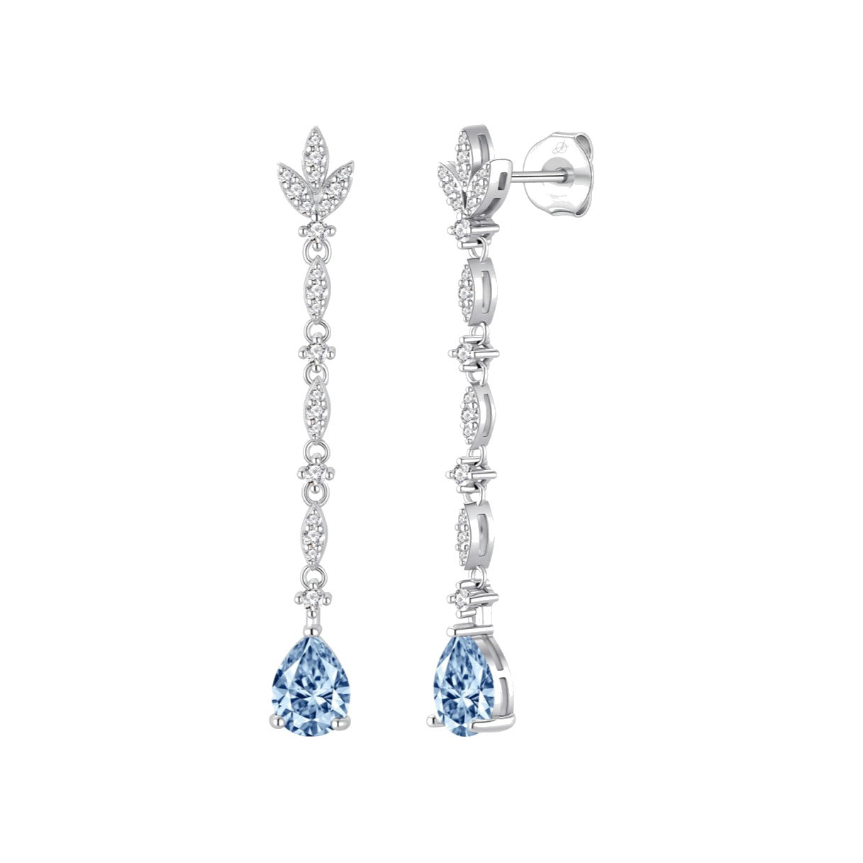 Pendientes largo hojas plata de ley con circonitas blancas y aguamarina, ancho 6 mm, alto 48 mm