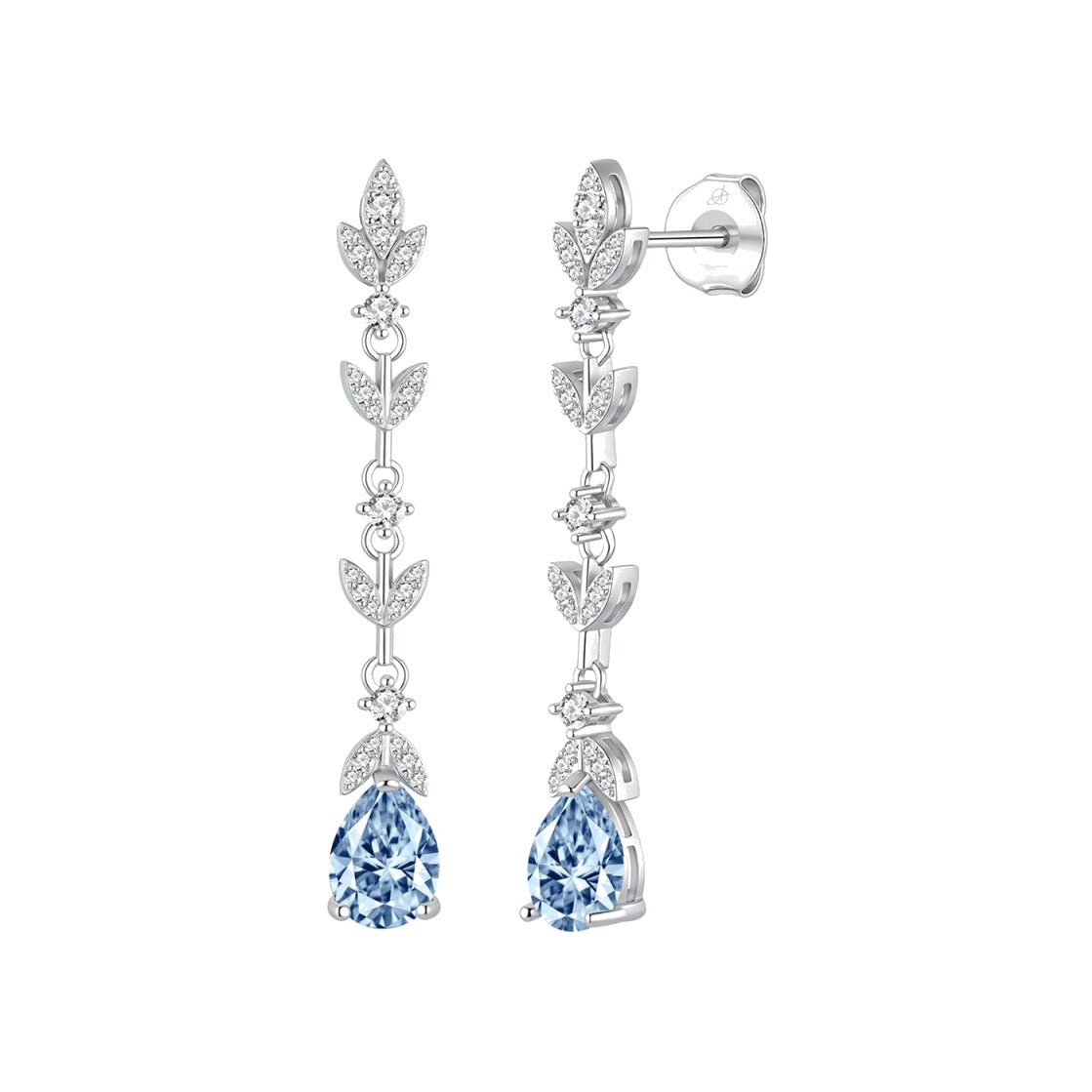 Pendientes largo hojas plata de ley con circonitas blancas y aguamarina, ancho 6 mm, alto 43 mm