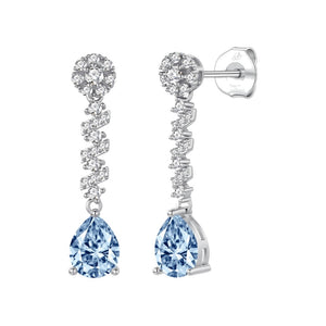 Pendientes zigzag plata de ley con circonitas blancas y aguamarina, ancho 7 mm, alto 32 mm