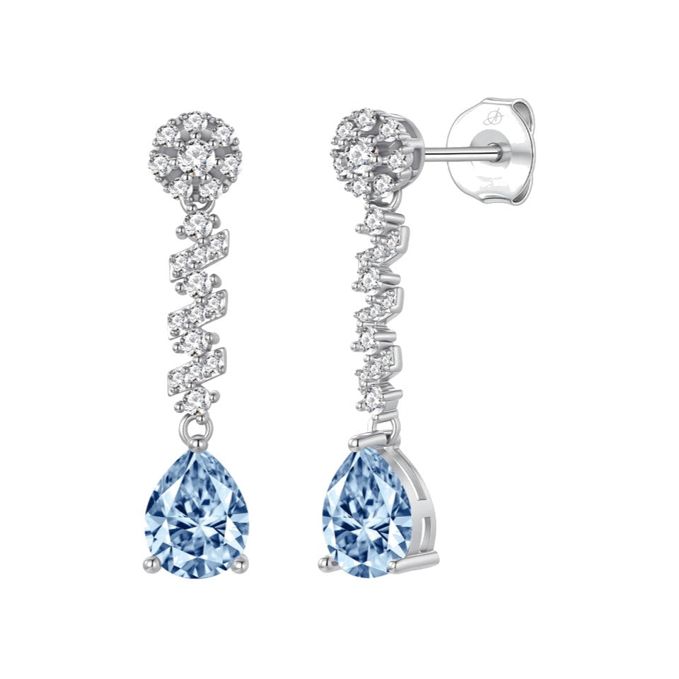 Pendientes zigzag plata de ley con circonitas blancas y aguamarina, ancho 7 mm, alto 32 mm