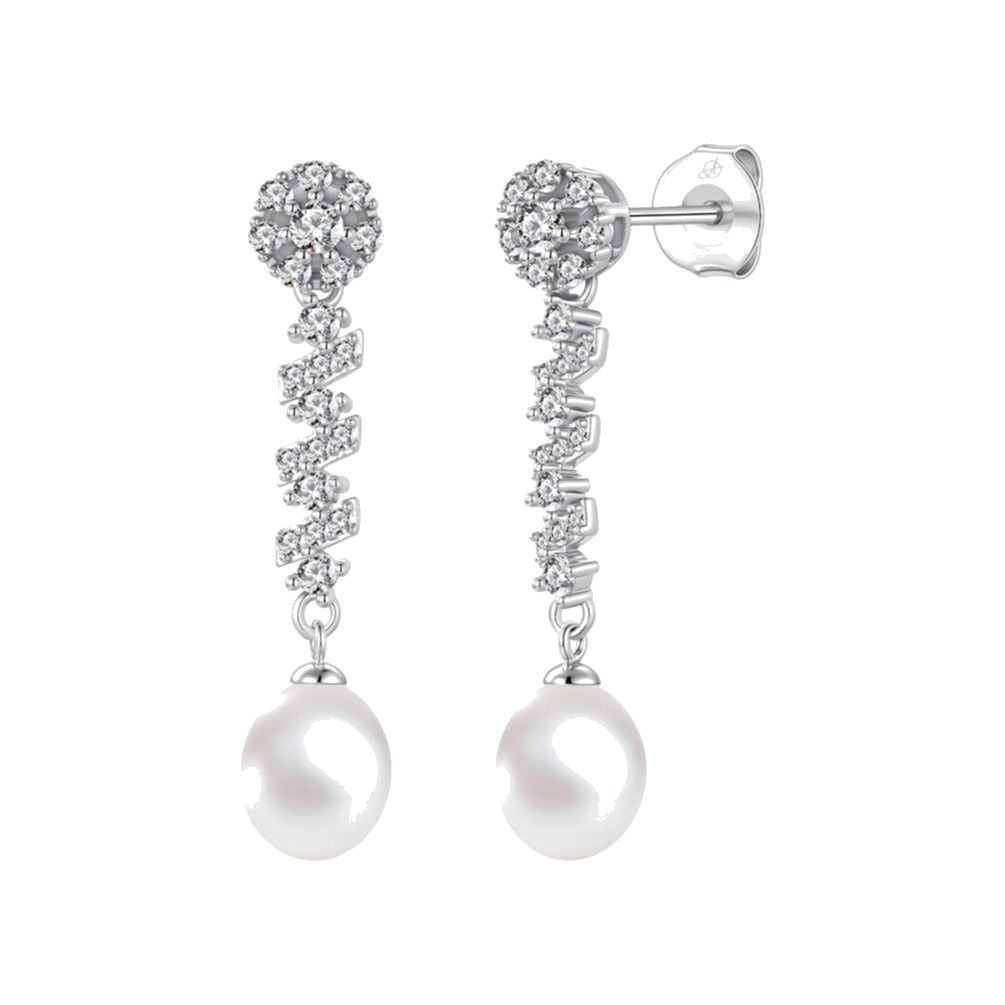 Pendientes zigzag plata de ley con circonitas blancas, ancho 7 mm, alto 32 mm