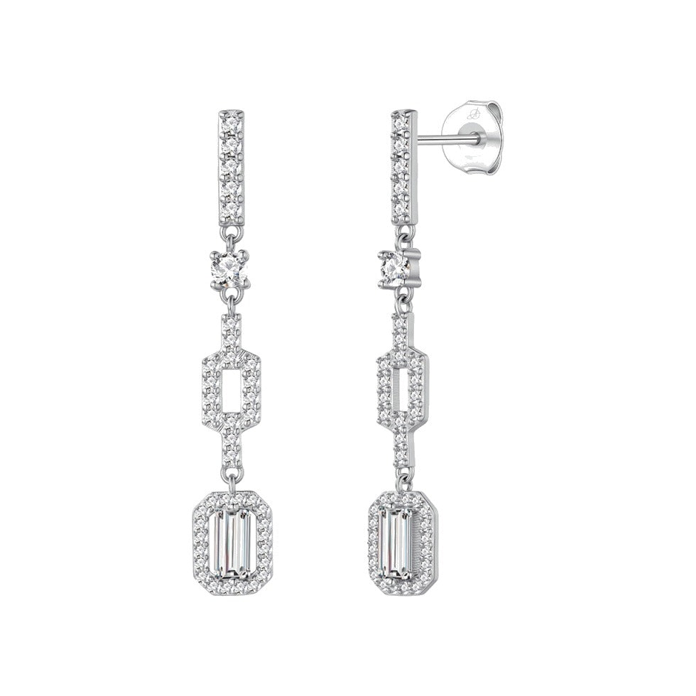 Pendientes baguette plata de ley con circonitas blancas, ancho 7 mm, alto 42 mm