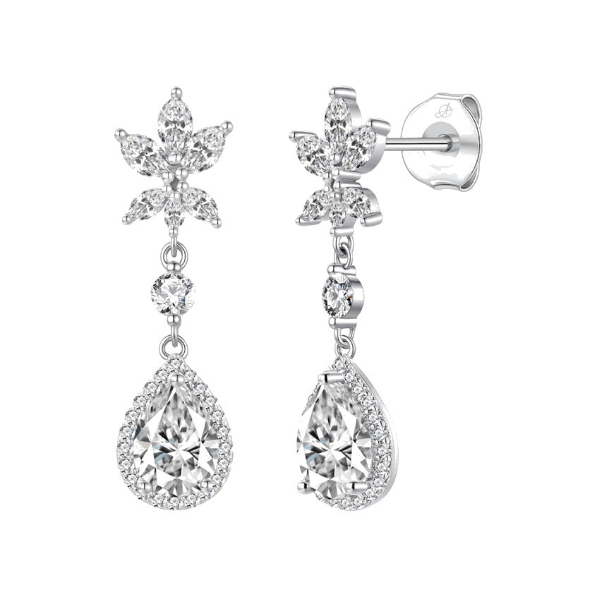 Pendientes dalia plata de ley con circonitas blancas, ancho 8 mm, alto 30 mm