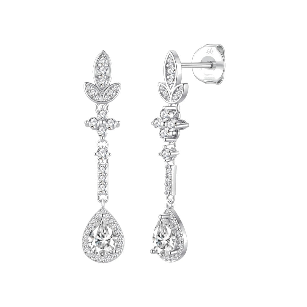 Pendientes hojas plata de ley con circonitas blancas, ancho 7 mm, alto 38 mm