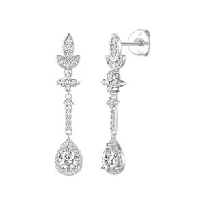 Pendientes hojas plata de ley con circonitas blancas, ancho 7 mm, alto 38 mm