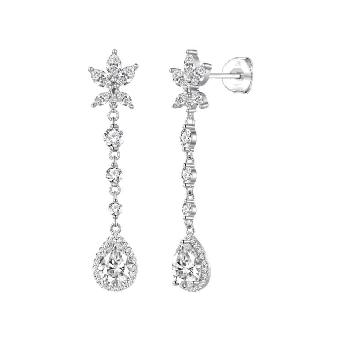 Pendientes peonía plata de ley con circonitas blancas, ancho 8 mm, alto 44 mm