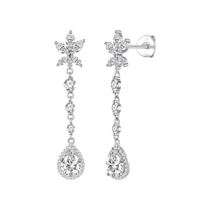 Pendientes peonía plata de ley con circonitas blancas, ancho 8 mm, alto 44 mm