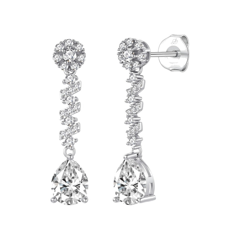 Pendientes zigzag plata de ley con circonitas blancas, ancho 7 mm, alto 32 mm