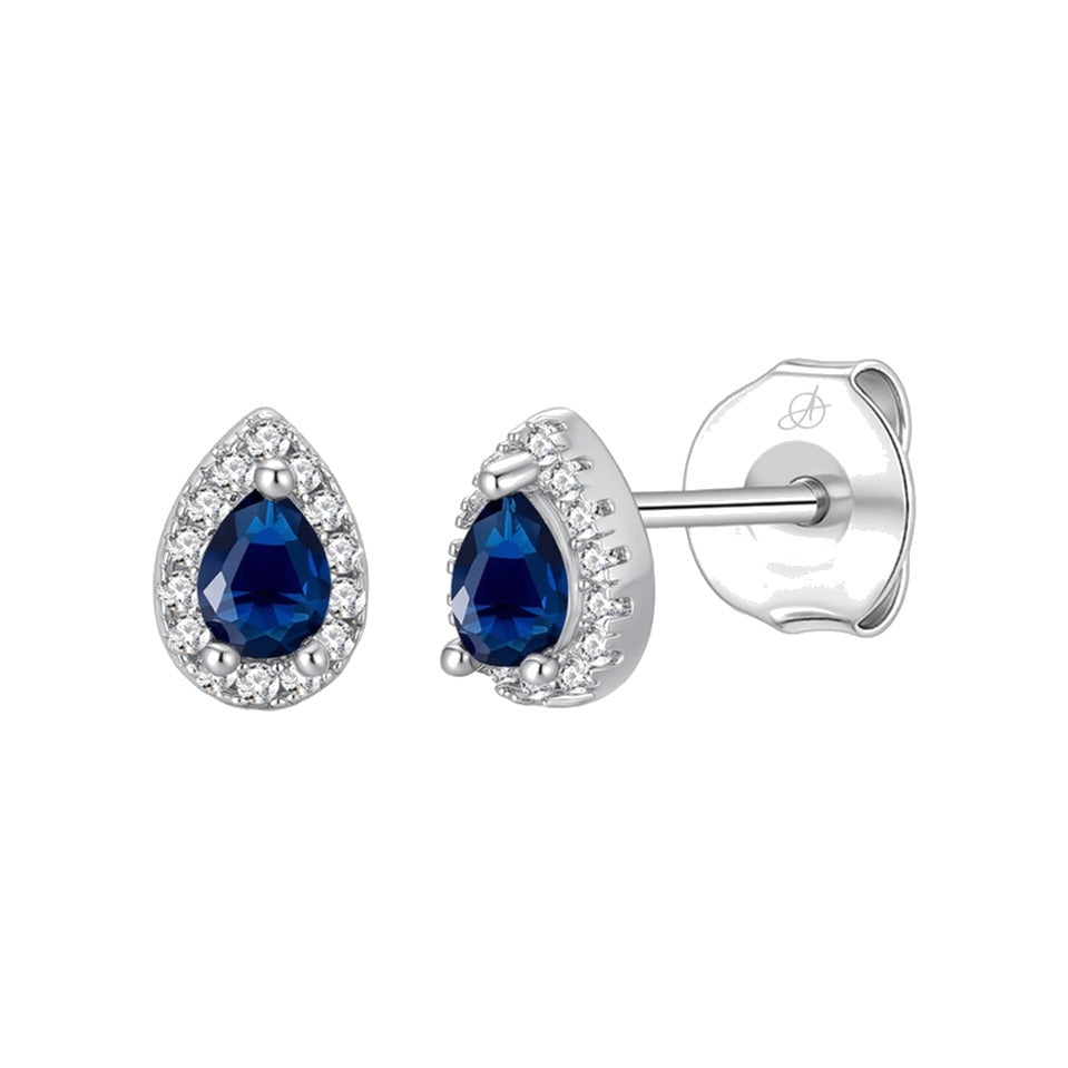 Pendientes gota plata de ley con circonita azul zafiro, ancho 6 mm, alto 8 mm
