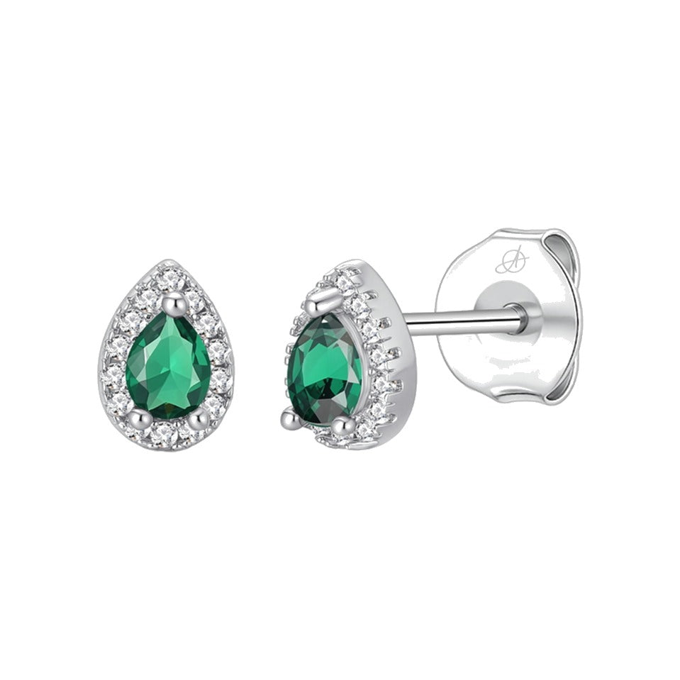 Pendientes gota plata de ley con circonita verde esmeralda, ancho 6 mm, alto 8 mm