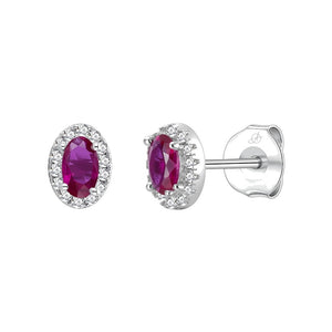 Pendientes óvalo plata de ley con circonita roja rubí, ancho 5 mm, alto 7 mm