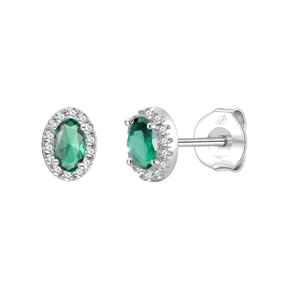 Pendientes óvalo plata de ley con circonita verde esmeralda, ancho 5 mm, alto 7 mm