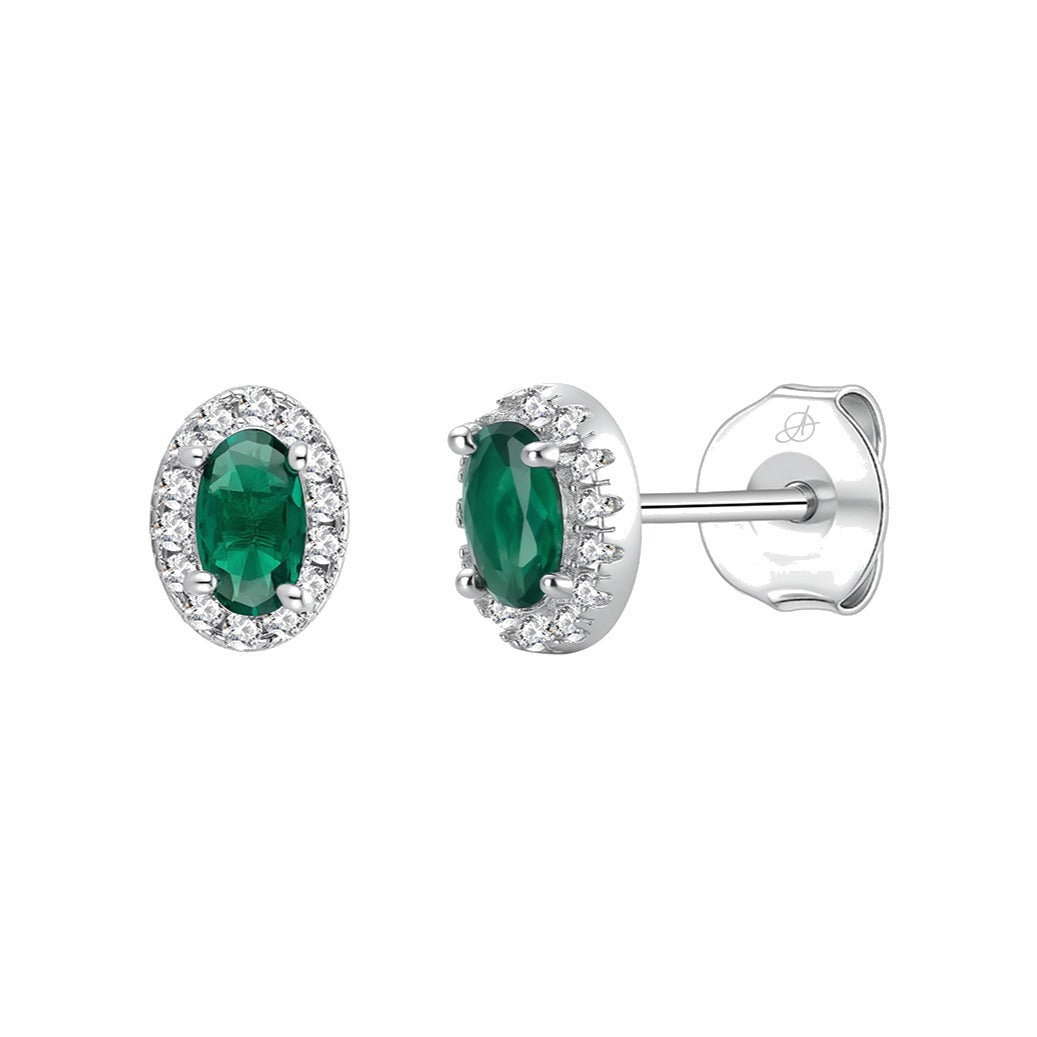Pendientes óvalo plata de ley con circonita verde esmeralda, ancho 6 mm, alto 8 mm