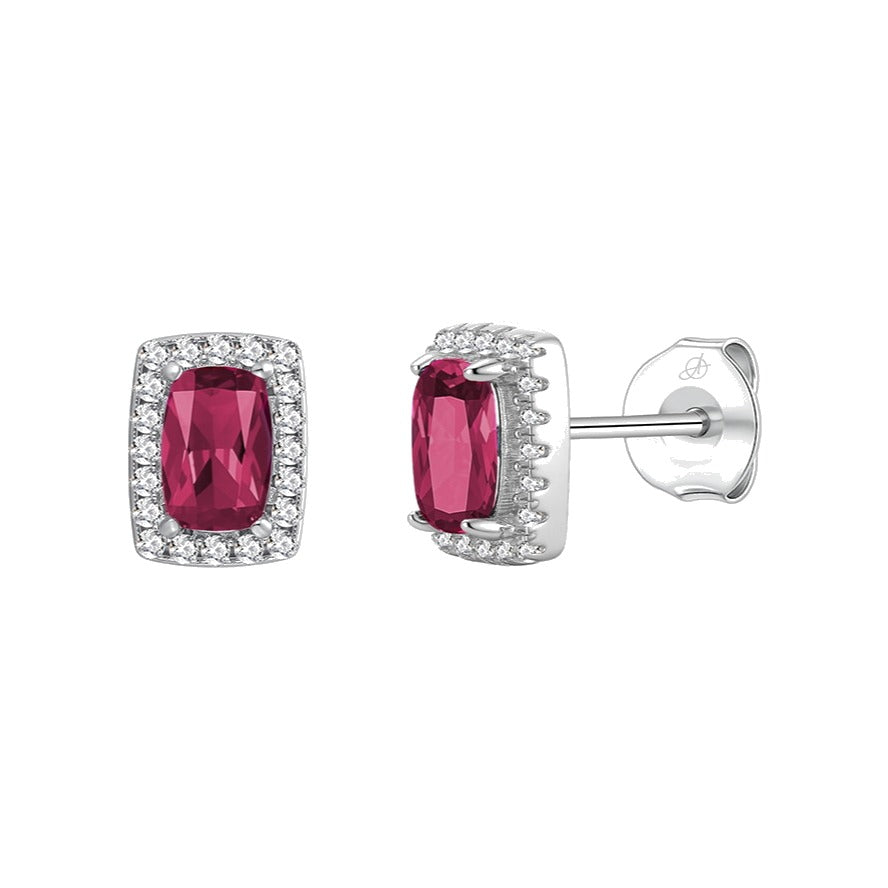 Pendientes cuadrado plata de ley con circonita roja rubí, ancho 5 mm, alto 7 mm