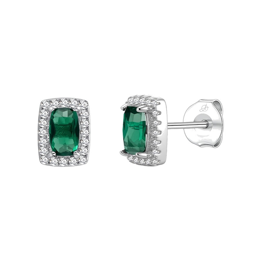 Pendientes cuadrado plata de ley con circonita verde esmeralda, ancho 5 mm, alto 7 mm