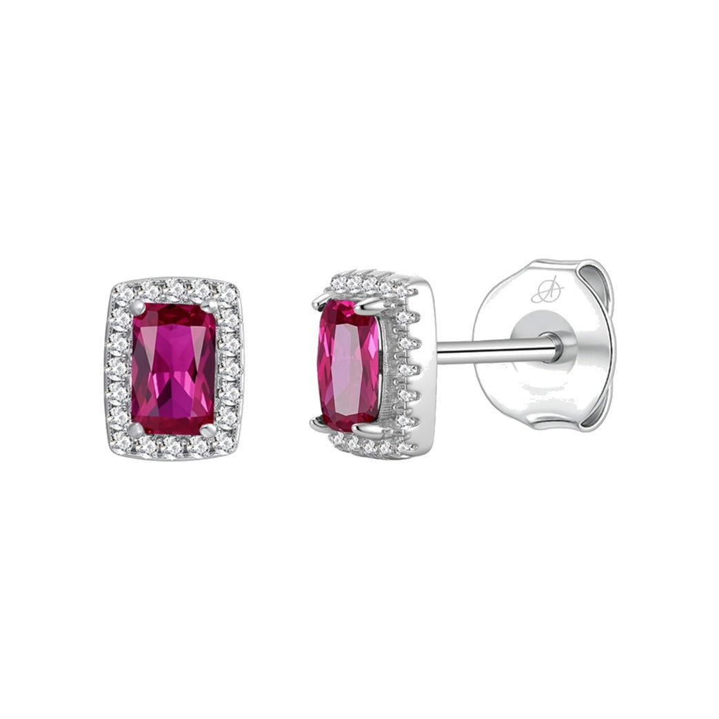 Pendientes cuadrado plata de ley con circonita roja rubí, ancho 6 mm, alto 8 mm