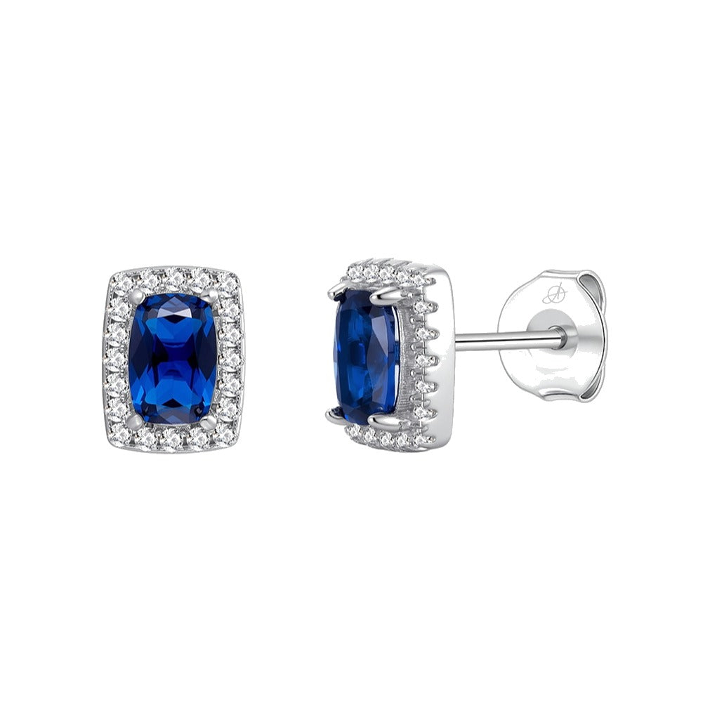Pendientes cuadrado plata de ley con circonita azul zafiro, ancho 6 mm, alto 8 mm