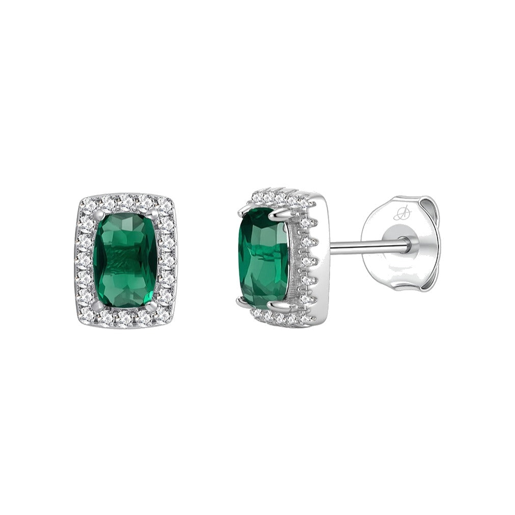 Pendientes cuadrado plata de ley con circonita verde esmeralda, ancho 6 mm, alto 8 mm