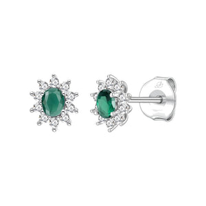 Pendientes rosetón plata de ley con circonita verde esmeralda, ancho 7 mm, alto 8 mm