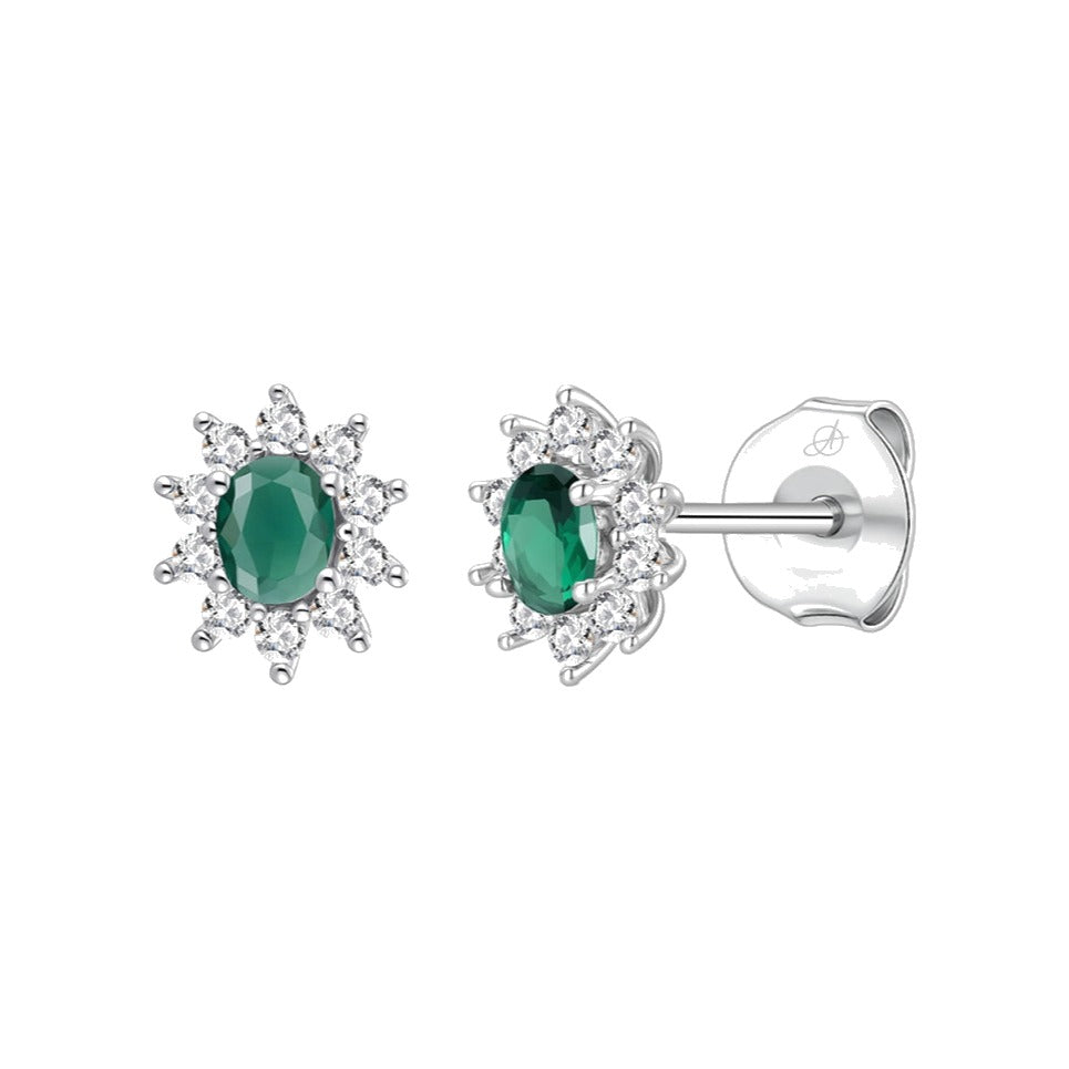 Pendientes rosetón plata de ley con circonita verde esmeralda, ancho 7 mm, alto 8 mm