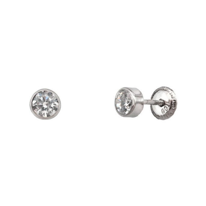 Pendientes oro blanco 18k chatón circonita redondo bebé