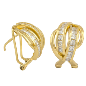 Pendientes plata 925 chapada en oro, aros cruzados con circonitas en raíles. Cierre omega. Diseño elegante.