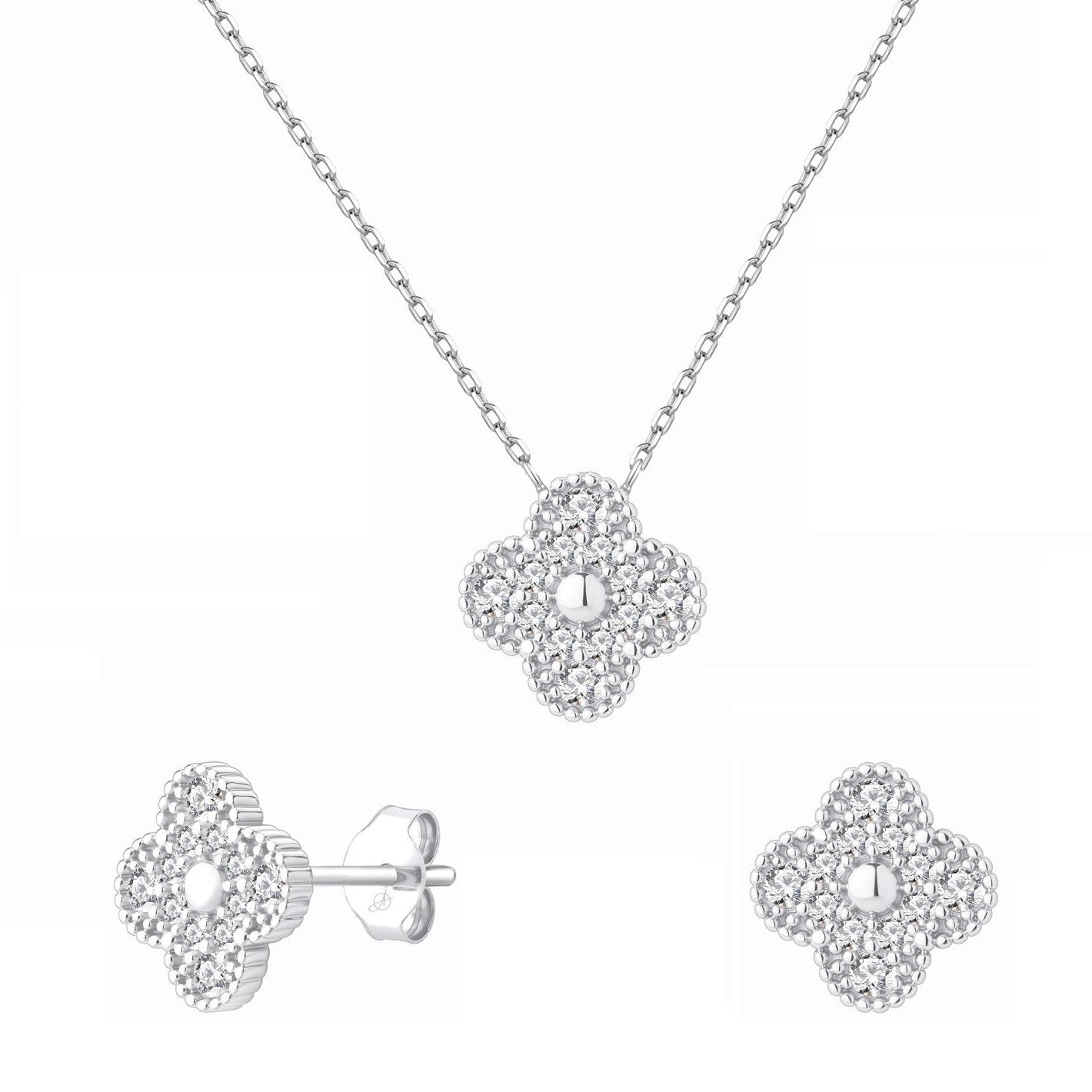 Pendientes y colgante de plata de ley en forma de pétalos con circonitas
