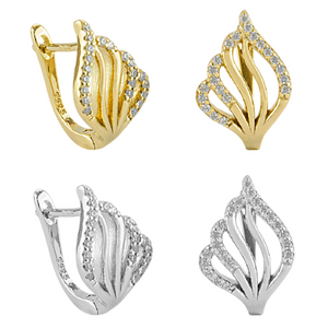 Pendientes plata 925 diseño de hojas con circonitas. Cierre catalán. A elegir en rodio o chapado en oro