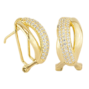 Pendientes plata 925 chapados en oro triple aro con circonitas y cierre omega ref. 153932C.