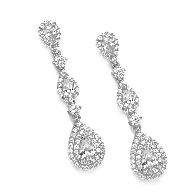 Pendientes de plata de ley largos con circonitas blancas perillas