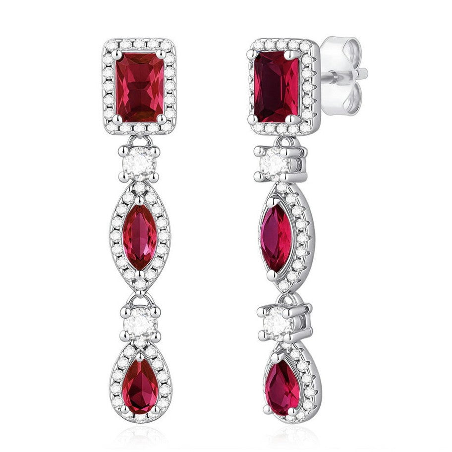 Pendientes de plata largos con cierre presión y circonitas en color rubí