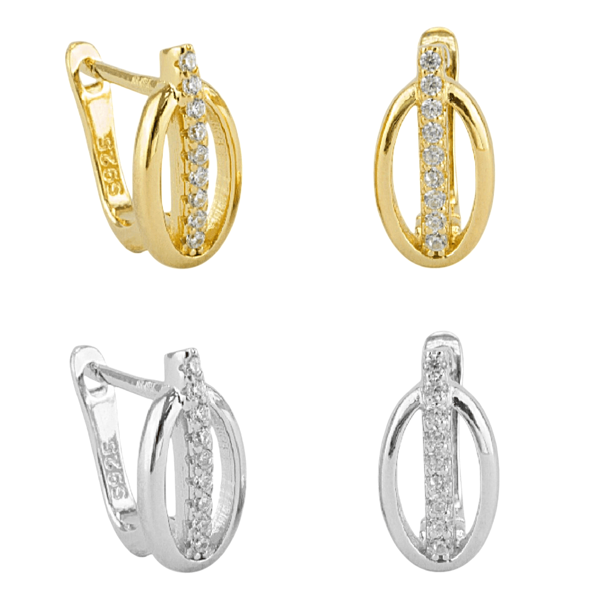 Pendientes plata 925 forma oval con circonitas y cierre catalán. A elegir en rodio o chapado en oro.
