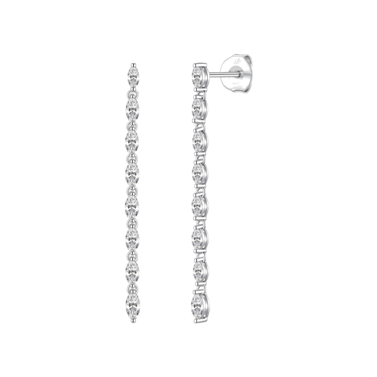 Pendientes navette plata de ley con circonitas blancas, ancho 2 mm, alto 46 mm