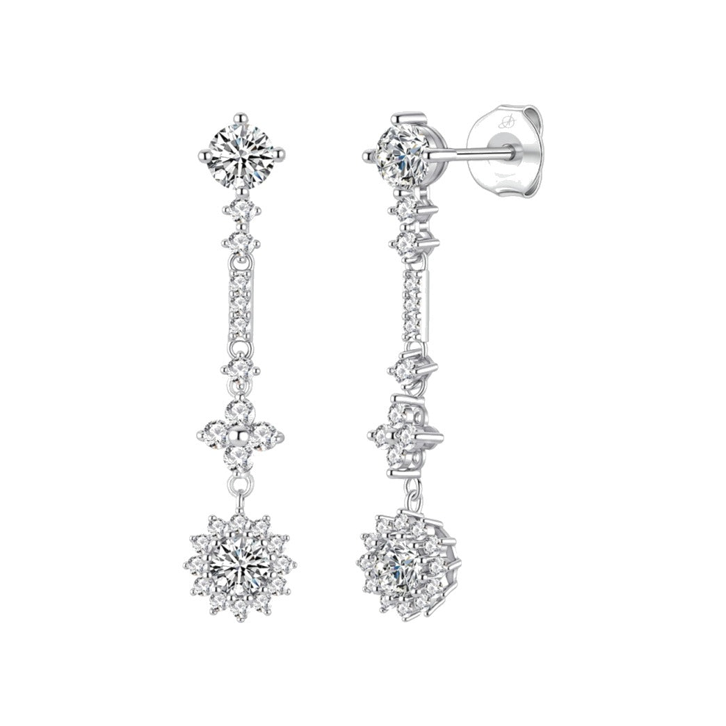 Pendientes girasol plata de ley con circonitas blancas, ancho 9 mm, alto 40 mm