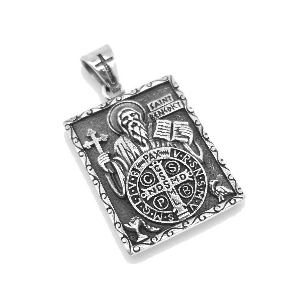 Medalla rectangular de San Benito de plata de ley 925 con relieve, 26 mm de alto