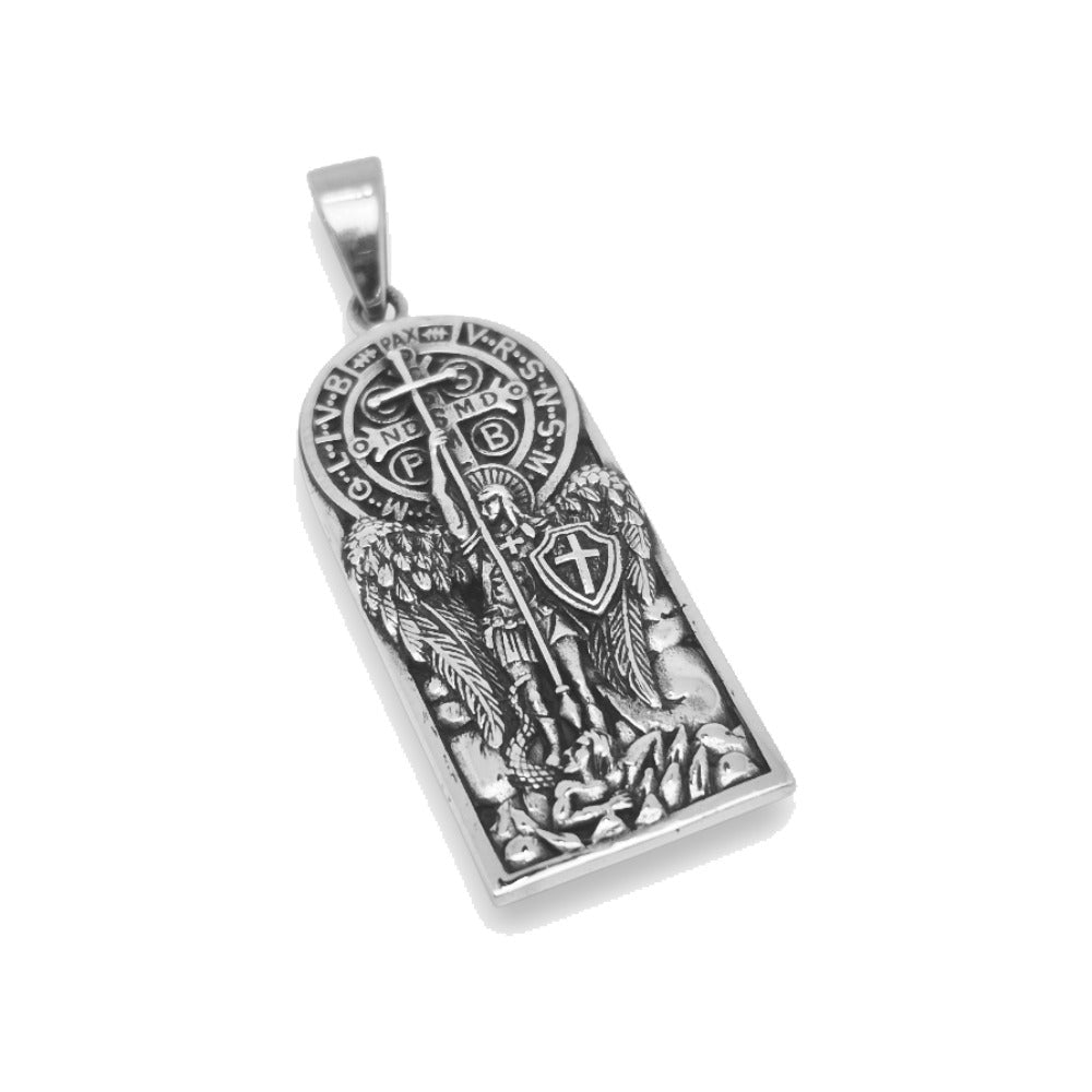 Colgante placa del Arcángel San Miguel de plata de ley 925 con relieve, 39 mm de alto