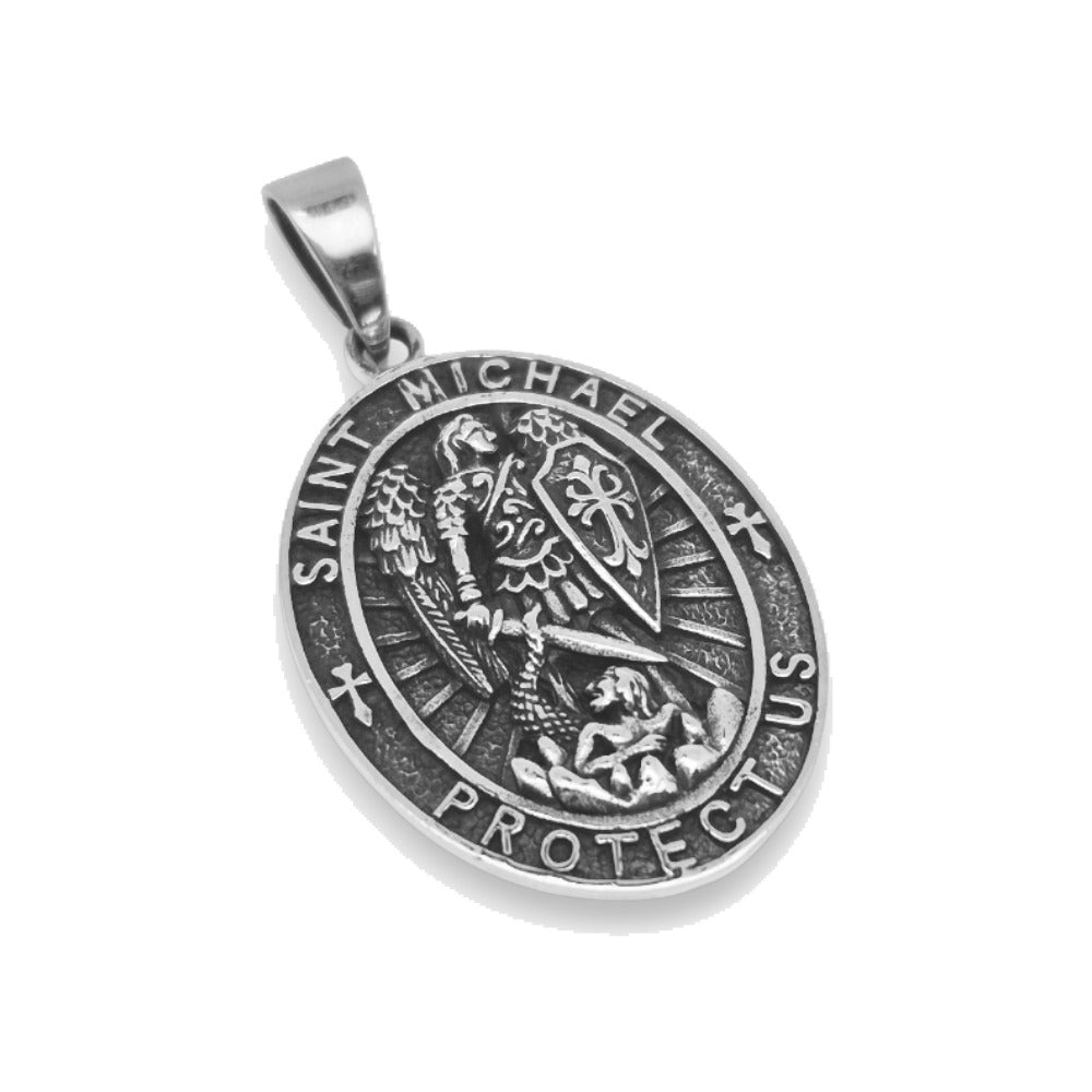 Medalla oval del Arcángel San Miguel de plata de ley 925 con relieve, 32 mm de alto