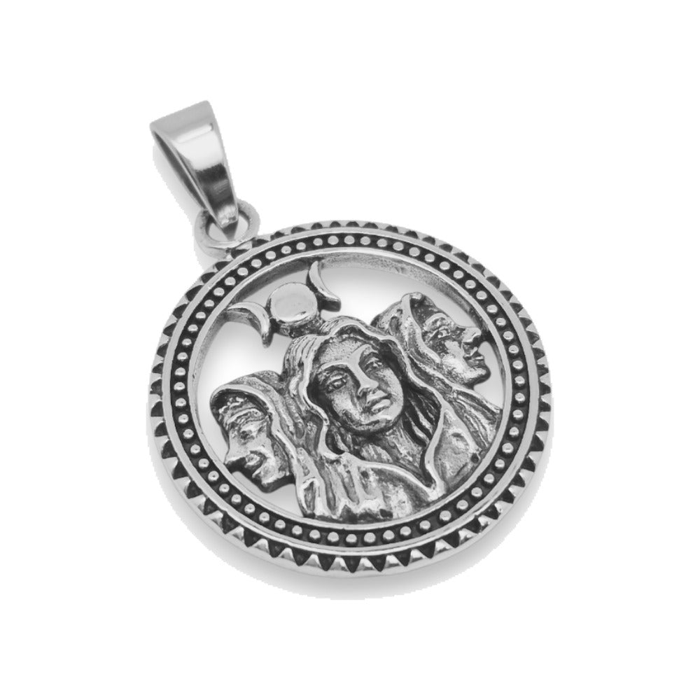 Medalla redonda de las tres brujas de plata de ley 925 con relieve, 31 mm de diámetro