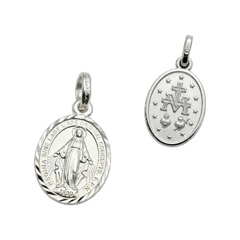 Medalla oval de la Virgen Milagrosa de plata de ley 925 de doble cara, 19 mm de alto, anverso y reverso
