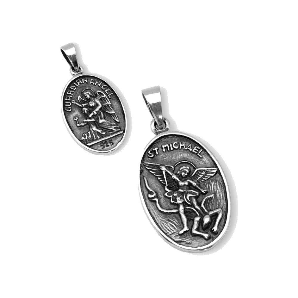 Medalla oval del Arcángel San Miguel de plata de ley 925 de dos caras, 29x20 mm, anverso y reverso