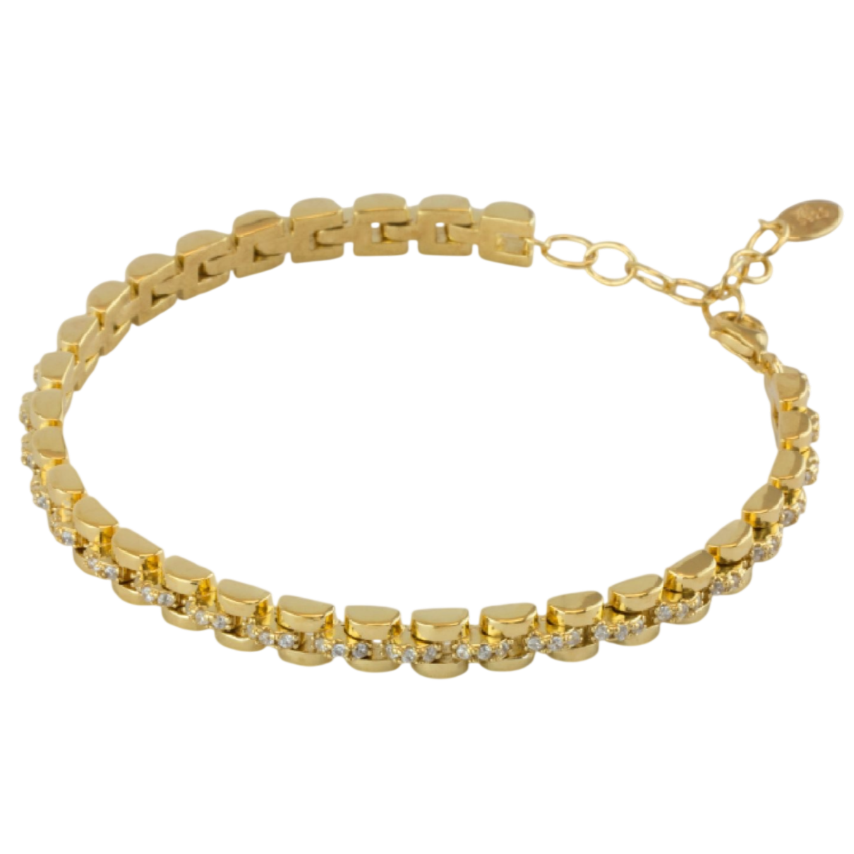 Pulsera de plata fina chapada en oro con eslabones tipo president con circonitas en el centro